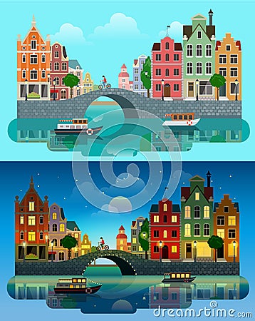 City Europe flat vector: river canal, bridge, historic buildings Vector Illustration