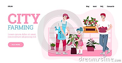 City farming website with family growing plants, cartoon vector illustration. Vector Illustration