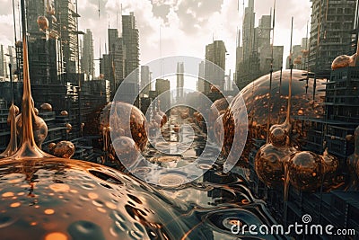 A city filled with lots of shiny spheres. Generative AI image. Stock Photo