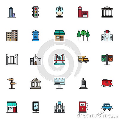 City filled outline icons set Vector Illustration