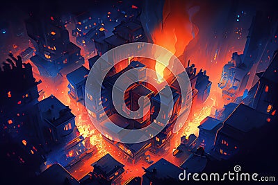 City in fire, destroyed burning houses and buildings Stock Photo