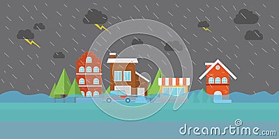 City flood flooding water in street building store house Vector Illustration