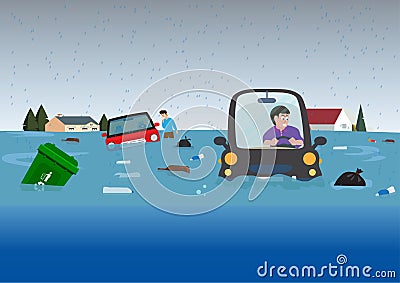 City floods cause cars and garbage to float on the water. The male character in the car is shocked. trying to help yourself Vector Illustration