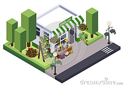 City Flower Shop Composition Vector Illustration