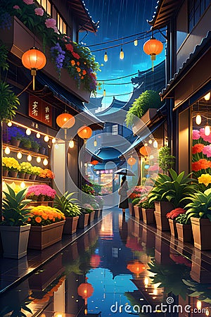 A city flower shop potted plants and flowers in a rainy night, hanging lampion, water reflection, digital painting, city street Stock Photo