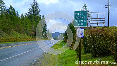 City of Forks City limit sign - FORKS, WASHINGTON - APRIL 13, 2017 - travel photography Editorial Stock Photo