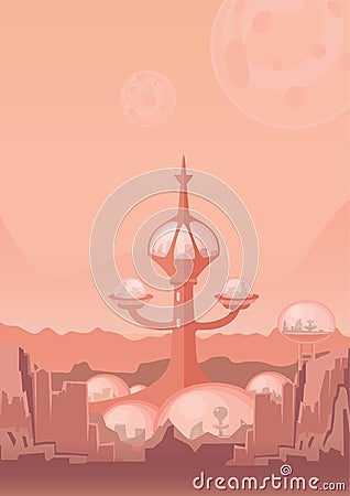 The city of the future, a space colony. Human settlement with futuristic buildings on Mars. Vector illustration. Vector Illustration