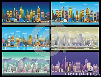 City Game Backgrounds Set. With retro cars ,2d game application . Vector Illustration