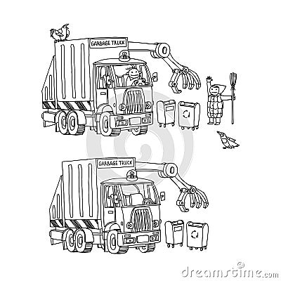 City garbage truck with hydraulic equipment and waste cans, cleaning company staff Vector Illustration