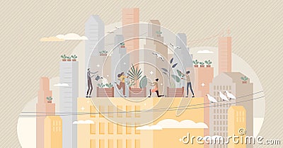 City gardening and plants agriculture on urban rooftops tiny person concept Vector Illustration