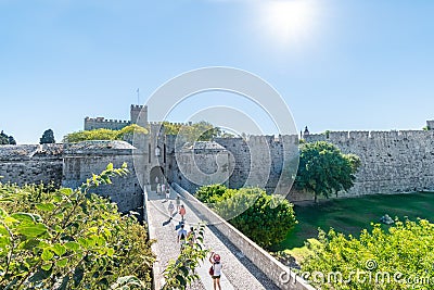 City gate and city walls of medieval city of Rhodes & x28;RHODES, GREECE& x29; Editorial Stock Photo