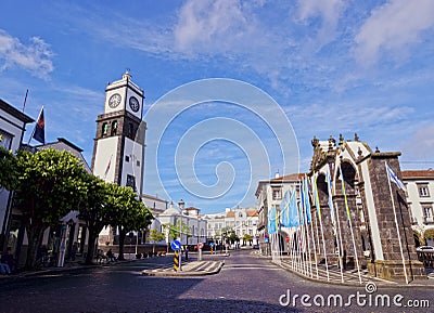 City Gates and Main Church in Ponta Delgada Editorial Stock Photo