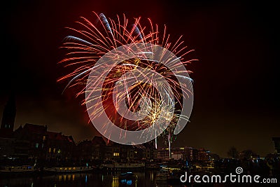 Fireworks in the city of Ghent on New Year`s Eve Editorial Stock Photo