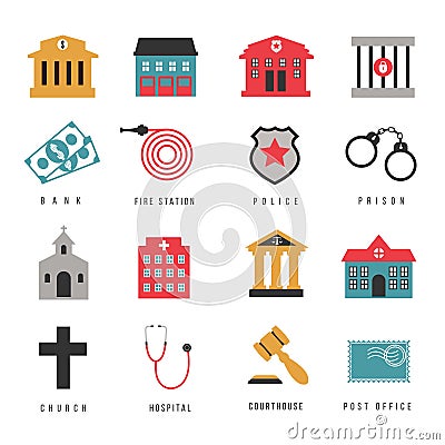 City government hall signs and buildings flat icons Vector Illustration