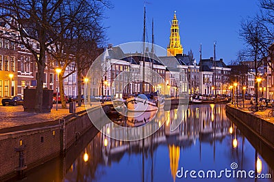 The city of Groningen, The Netherlands with A-kerk at night Stock Photo