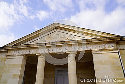 City hall in center france stone building with french text liberte egalite fraternite mairie means liberty equality fraternity Stock Photo