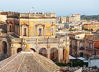 City hall and cityscape view of Noto, Sicily, Italy Stock Photo