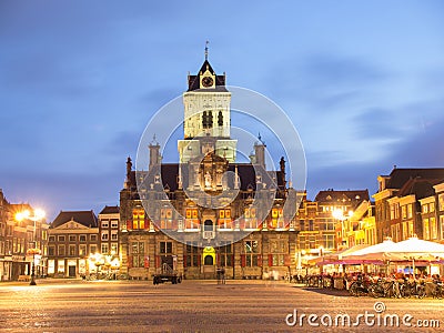 City Hall in Delft, Netherlands, At Night Editorial Stock Photo