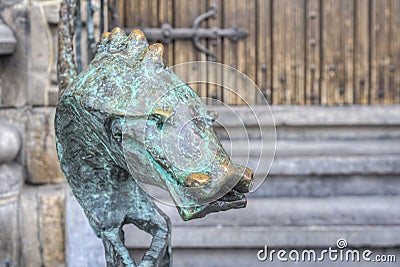 City Hall Dragon bronze railing in Mons, Belgium. Stock Photo