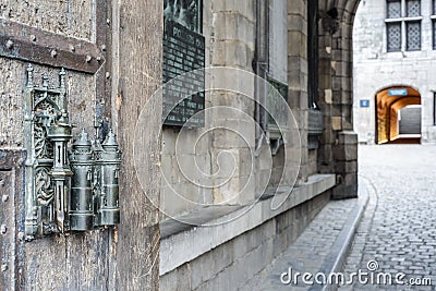 City Hall lock and door pull in Mons, Belgium. Stock Photo