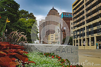 City Hall Sign Downtown Editorial Stock Photo