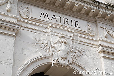 City Hall sign in French means Mairie on town center text on entrance wall in Chatelaillon Plage Editorial Stock Photo