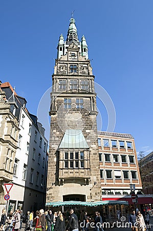 City Hall Tower, flower stall, street life, Germany Editorial Stock Photo