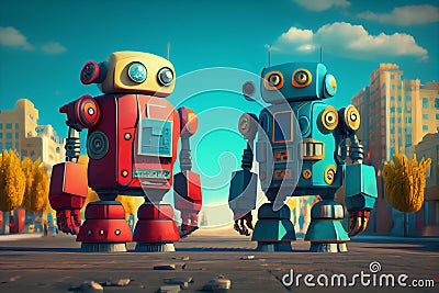 City happy peoples colourful small funny robots Stock Photo