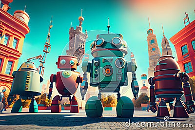 City happy peoples colourful small funny robots Stock Photo