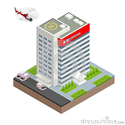 City hospital building with ambulance car and helicopter in flat design. Isometric vector illustration. Vector Illustration