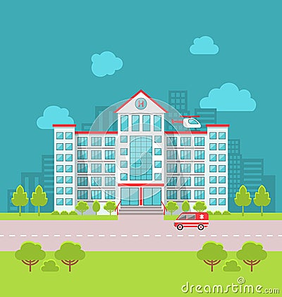City Hospital Building with Ambulance in Flat Style. Cityscape Vector Illustration