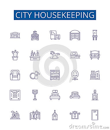 City housekeeping line icons signs set. Design collection of Urban, Cleaning, Services, Housework, Dwelling, Residents Vector Illustration