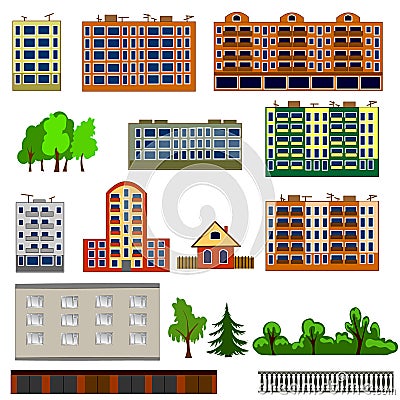 City houses set. Colorful, flat homes or buildings icon collection. Vector Illustration