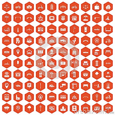 100 city icons hexagon orange Vector Illustration