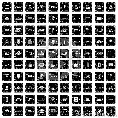 100 city icons set, grunge style Vector Illustration