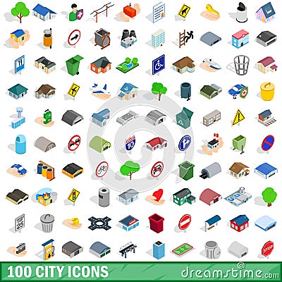 100 city icons set, isometric 3d style Vector Illustration