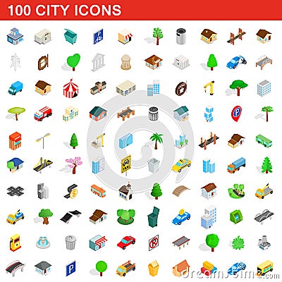 100 city icons set, isometric 3d style Vector Illustration