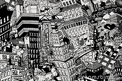 City, an illustration of a large collage Cartoon Illustration