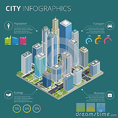 City Infographics. Isometric vector city with skyscrapers, streets and vehicles, commercial and business area Vector Illustration