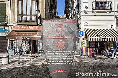 City information sign El Albaicin neighborhood.Granada, Spain. Editorial Stock Photo