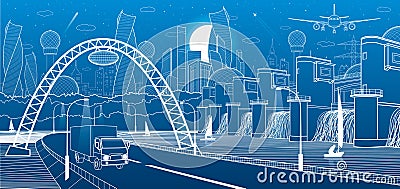 City infrastructure industrial and energy illustration. Hydro power plant. River Dam. Automobile road. Car move on Illuminated hig Vector Illustration