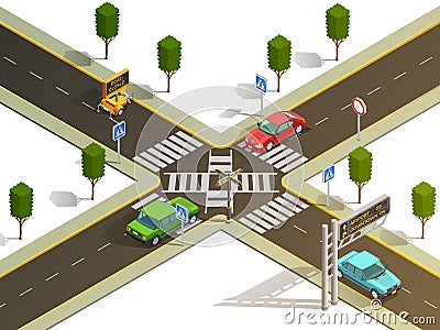 City Intersection Traffic Navigation Isometric View Vector Illustration
