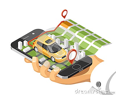 City isometric map with car and buildings on smart phone. Map on mobile navigate application Vector Illustration