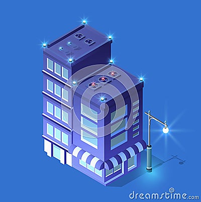 City Isometric night lights architecture 3D illustration technology town Vector Illustration