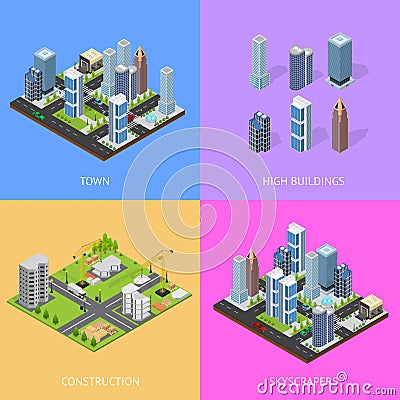 City Landscape Construction Building Poster Card Set Isometric View. Vector Vector Illustration