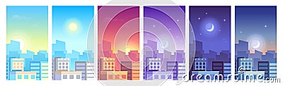 City landscape. Daytime cityscape sunrise, day, sunset and night city skyline, buildings in different time Vector Illustration