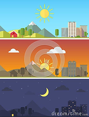 City and landscape in different times of day Vector Illustration