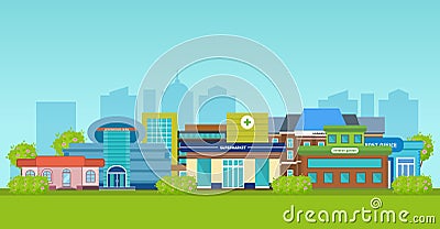 City landscape, facade, exterior buildings, architectural structures of urban infrastructures. Vector Illustration