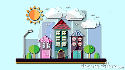 City landscape in a flat style with shadows. The city with houses with sloping roof and various beautiful tiles with a lantern sun Vector Illustration