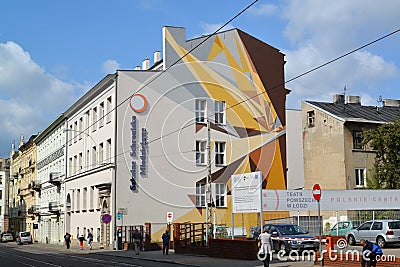 City landscape from graffiti on the building. Poland, Lodz Editorial Stock Photo